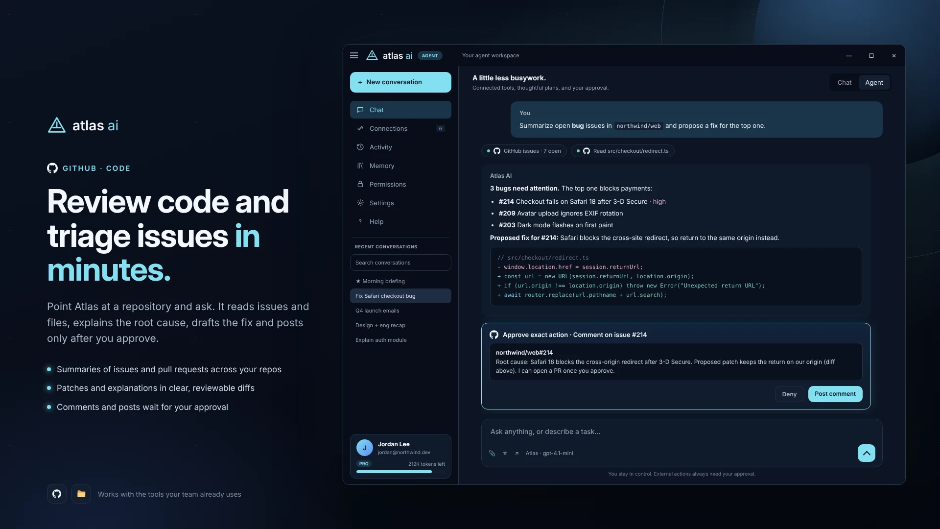Atlas reviewing GitHub issues, proposing a code change and preparing an issue comment