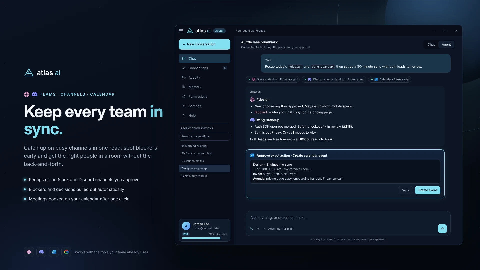 Atlas summarizing Slack and Discord channels and preparing a calendar event