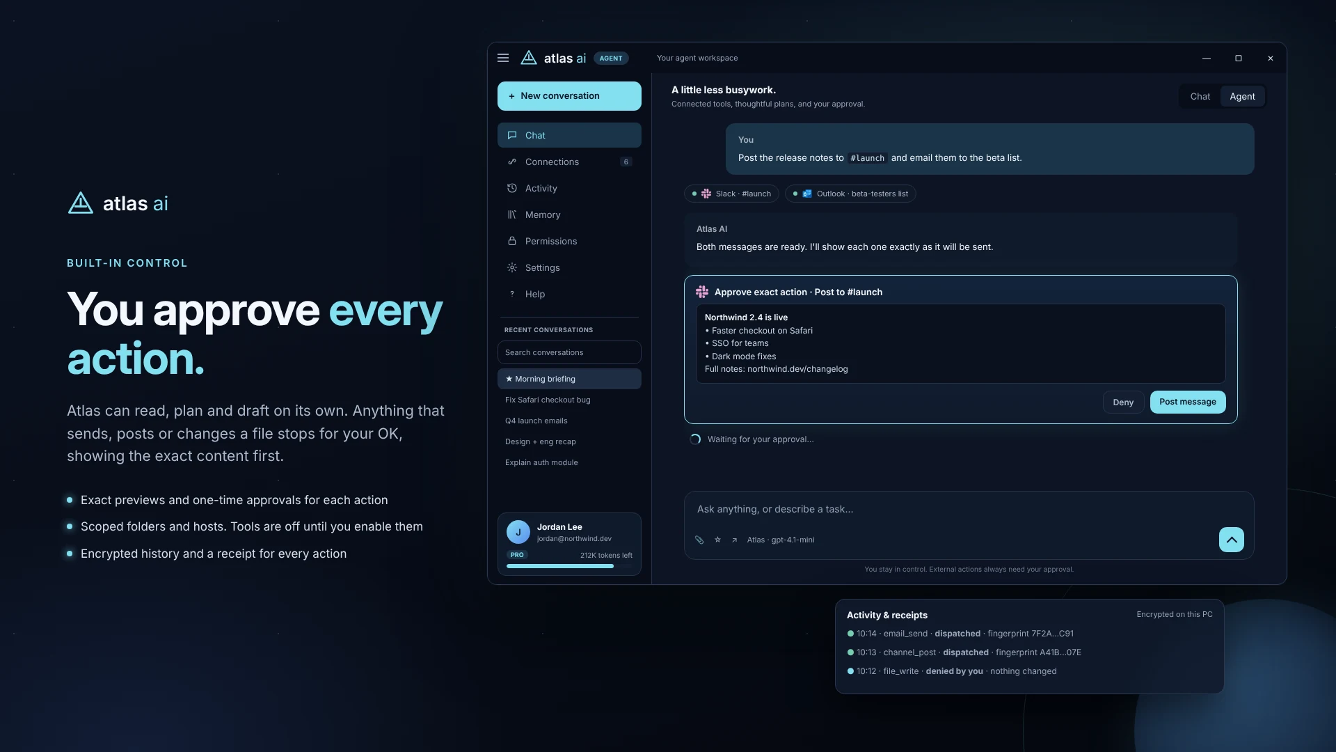 Atlas action preview showing the exact message and deny or approve controls